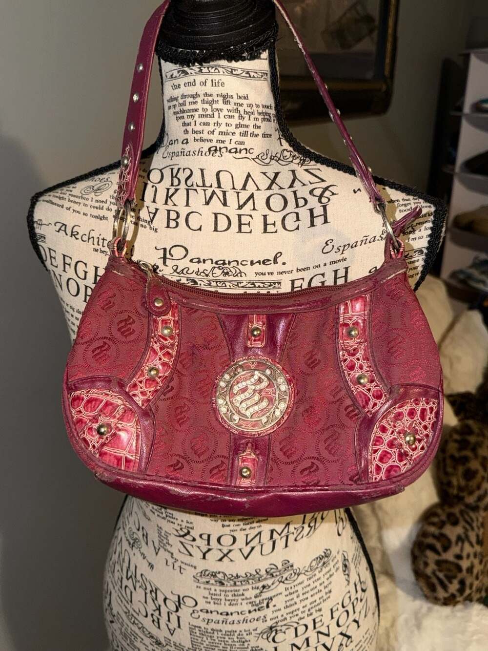 2001 Rocawear Y2K Red Monogram Croc-Embossed Shoulder Bag